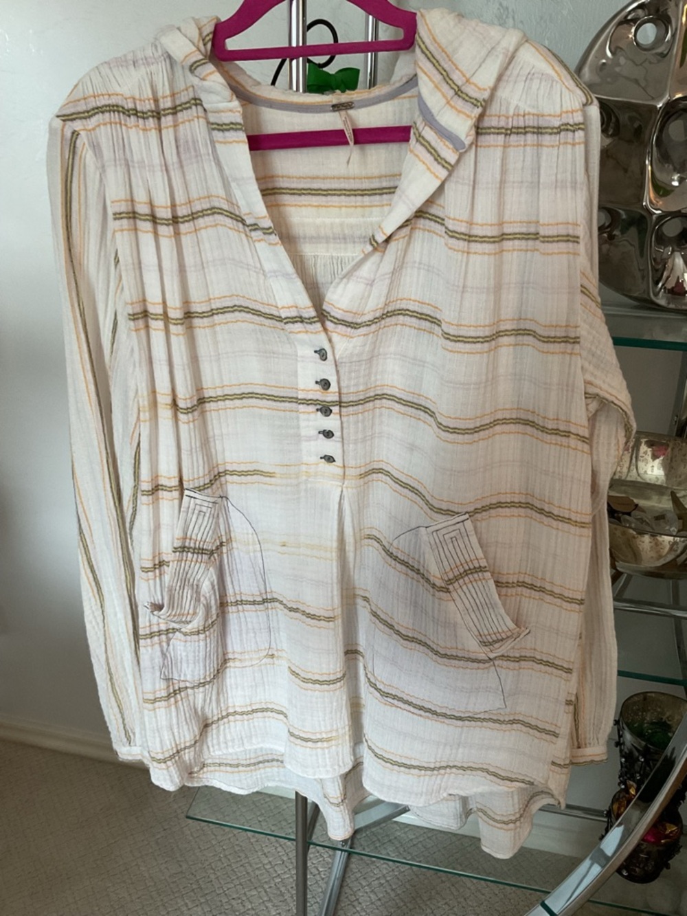 Free People Women's Cream Striped Hooded Button Pullover gauze.